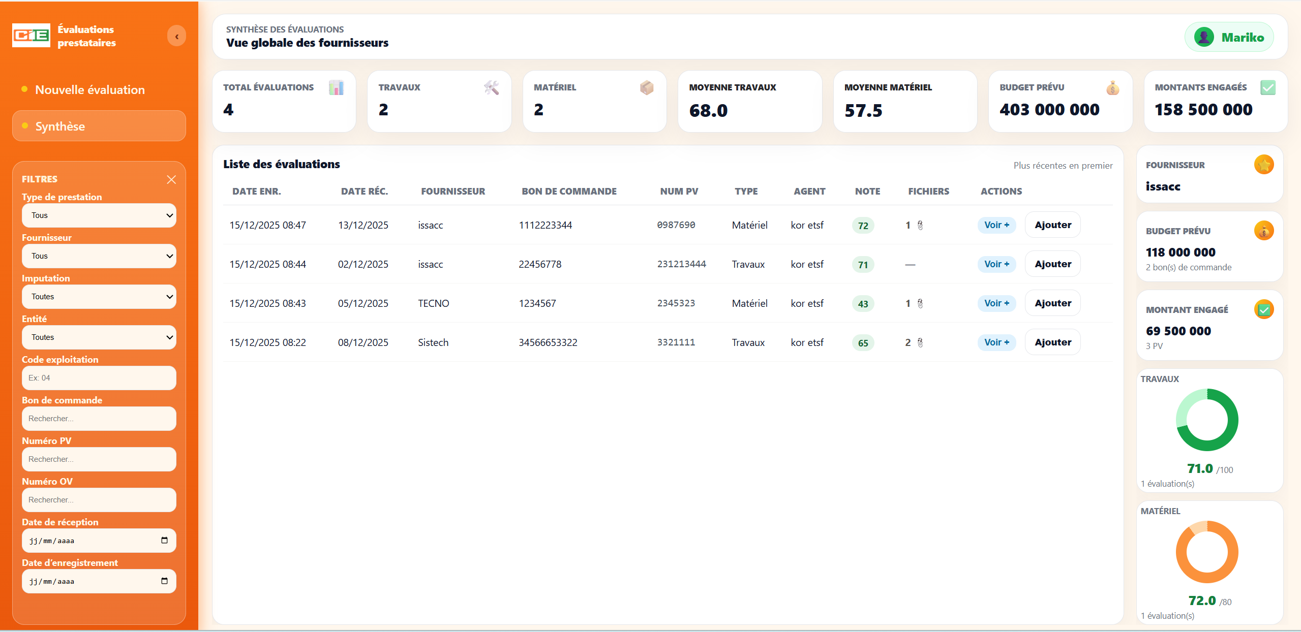 Outil d'évaluation de prestataires