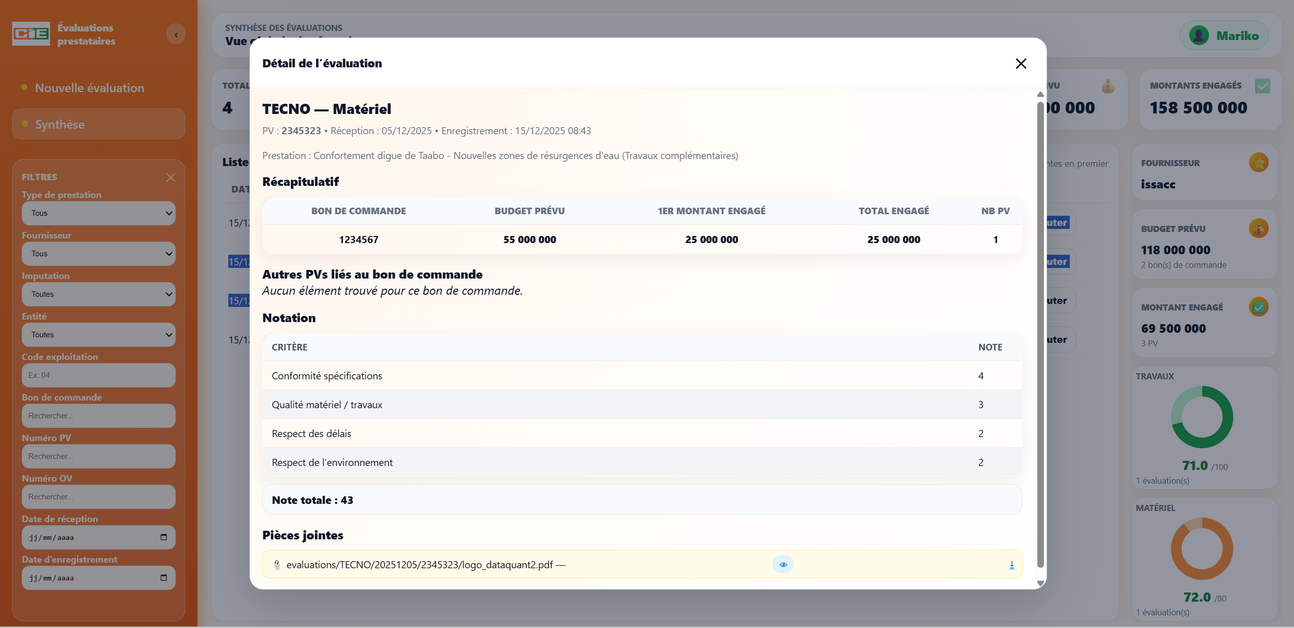 Outil d'évaluation de prestataires