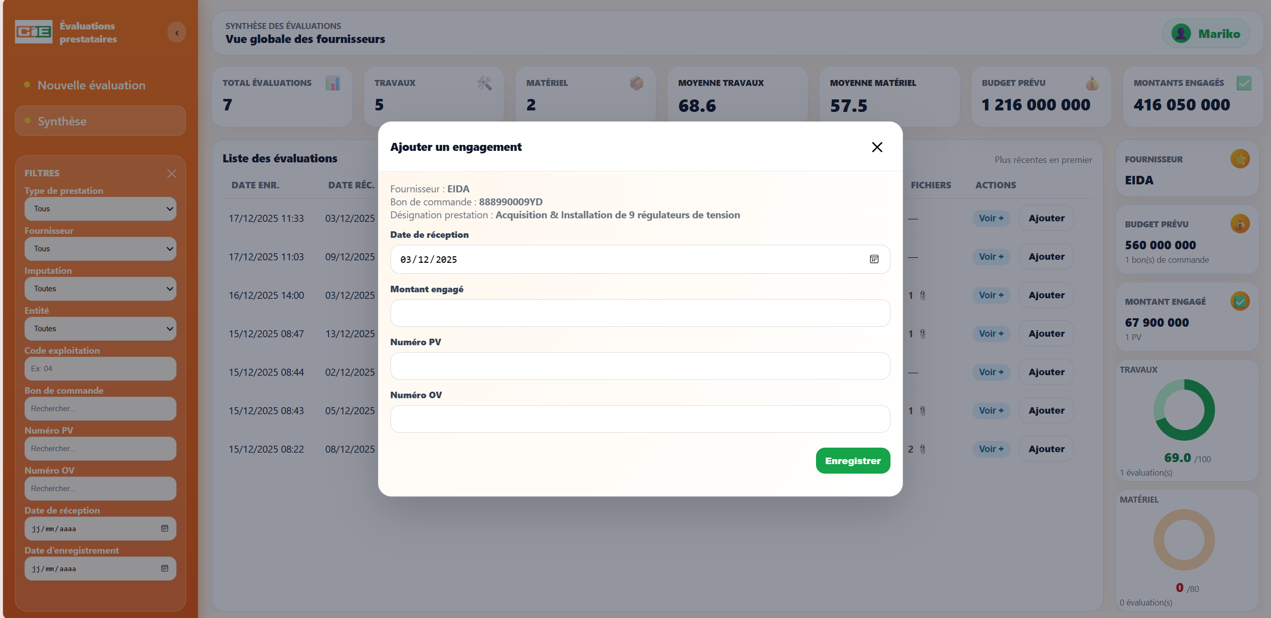 Outil d'évaluation de prestataires