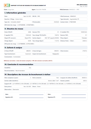 rapport d’étude de branchement BT